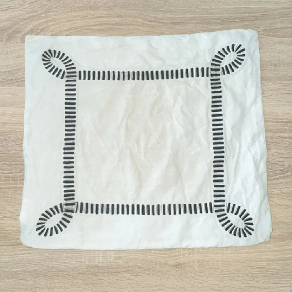 Anthropologie‎ Black Embroidered Trim White Cotton Decorative Pillow Cover 18x18